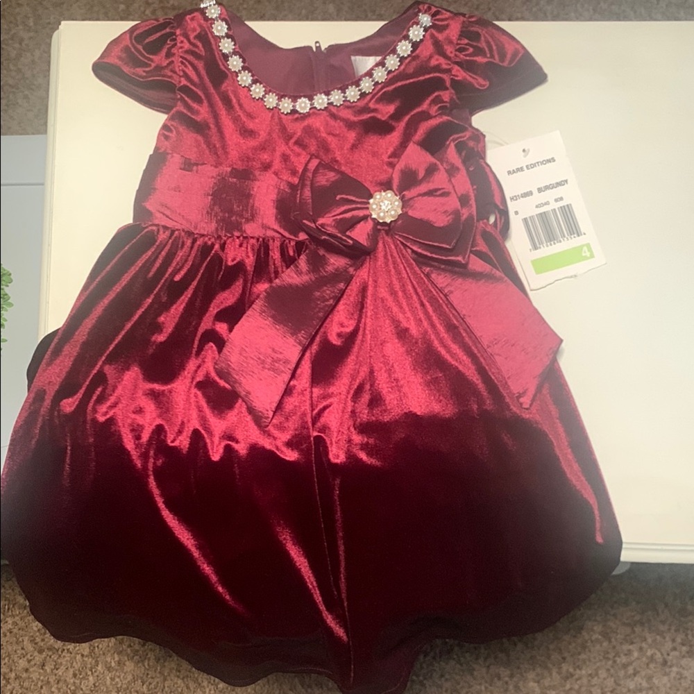 Rare Editions Burgundy Babydoll Dress with Puff Cap Sleeves/Embellished Neckline
